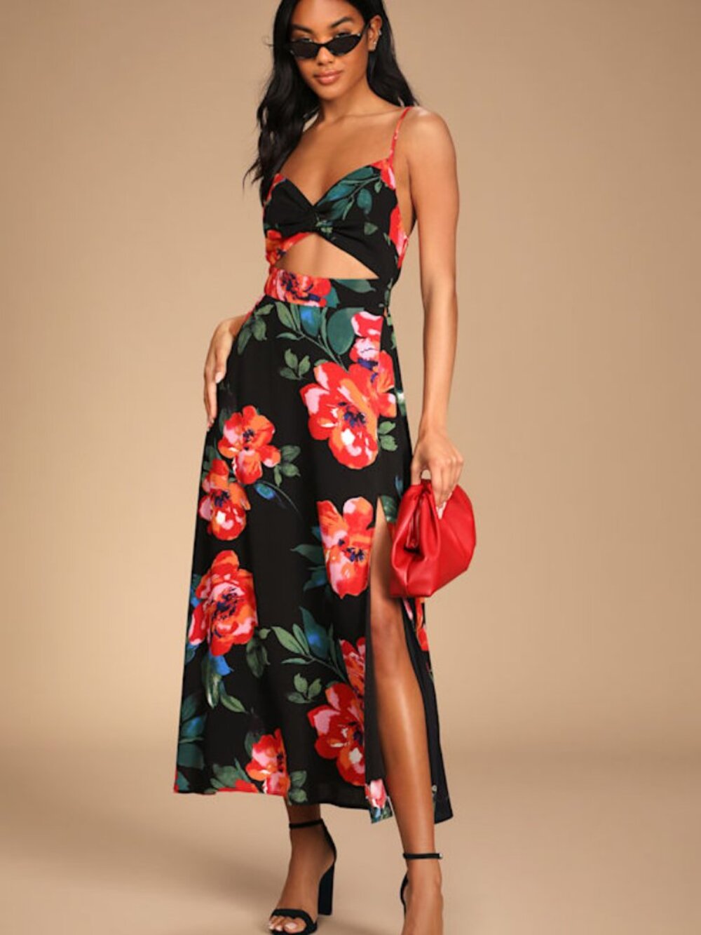 Lulus Tropical Blooms Black Floral Print Tie-back Cutout Dress - Size L